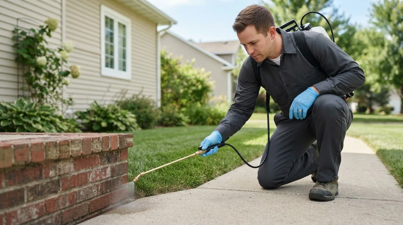 Pest control technician treating a home near Minburn, IA