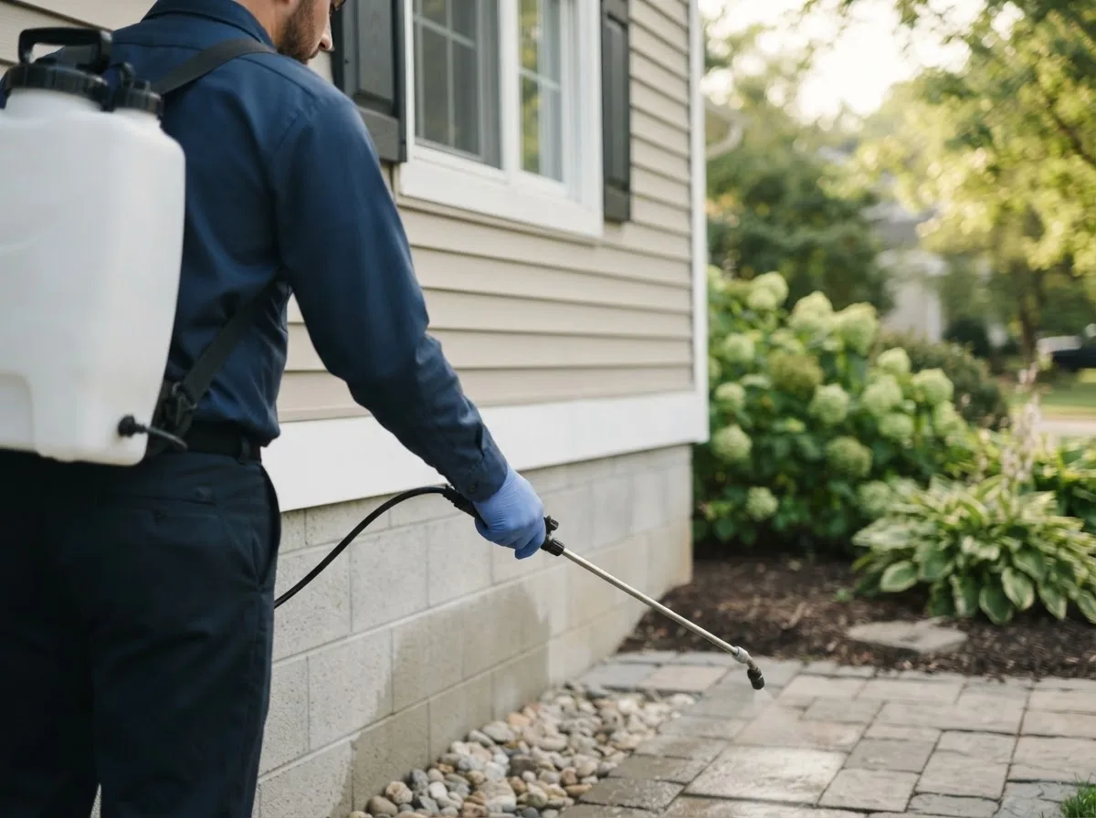 Pest control technician inspecting a home in Minburn, IA